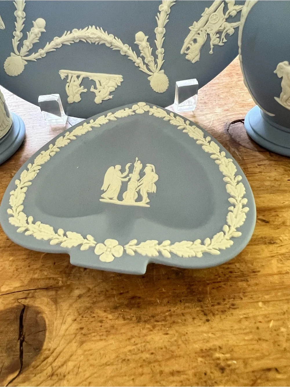 Iconic Wedgwood Blue Jasperware 4 Piece Set Plate, 2 Vases,Trinket Dish Pristine